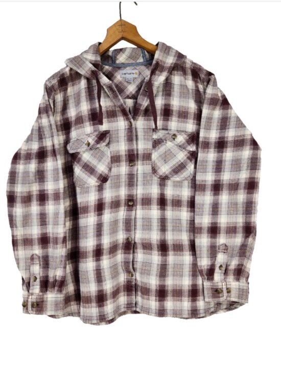 Carhartt Tops - Carhartt Women’s Belton Plaid Hooded Flannel Shirt  Size XXL Brown Outdoor
